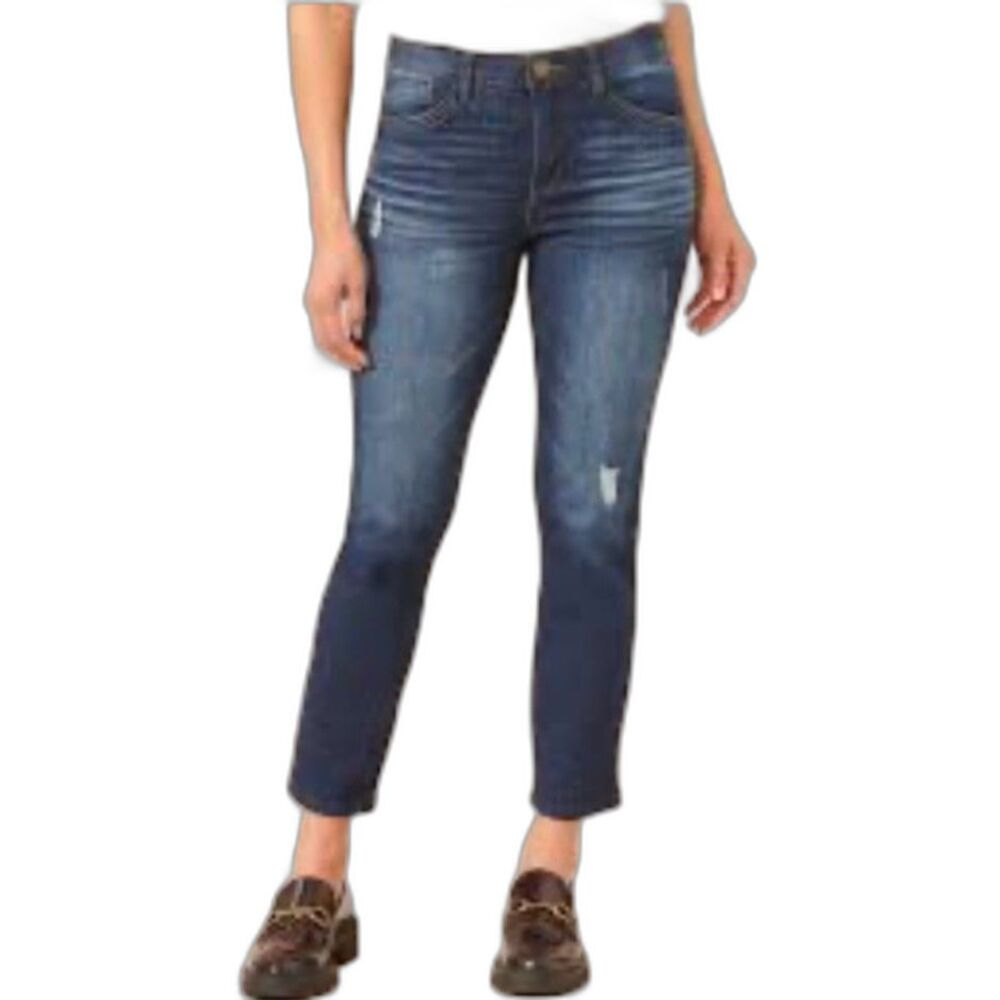 Democracy Women's Blue Denim Mid-Rise Distressed Ab-Solution Crop Jeans Size 14